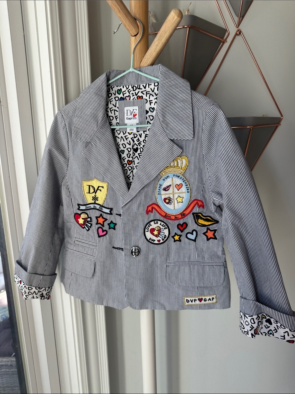 RARE! DVF x GAP Kids Girls Navy Blue White Stripe Patches Blazer Jacket Small